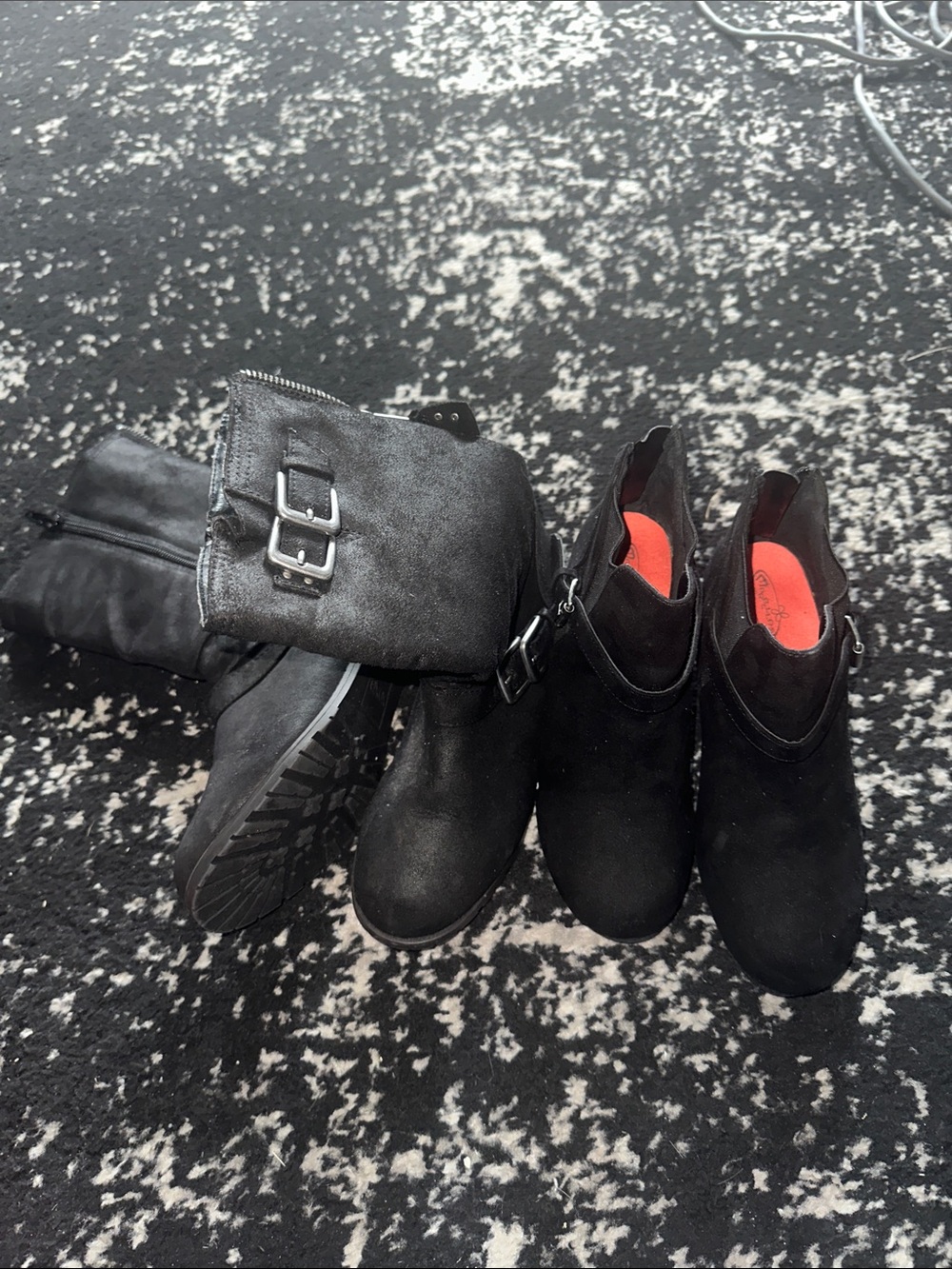 Kids Black Buckle Ankle Boots with Cushioned Insole and calf boot bundle 2 pair